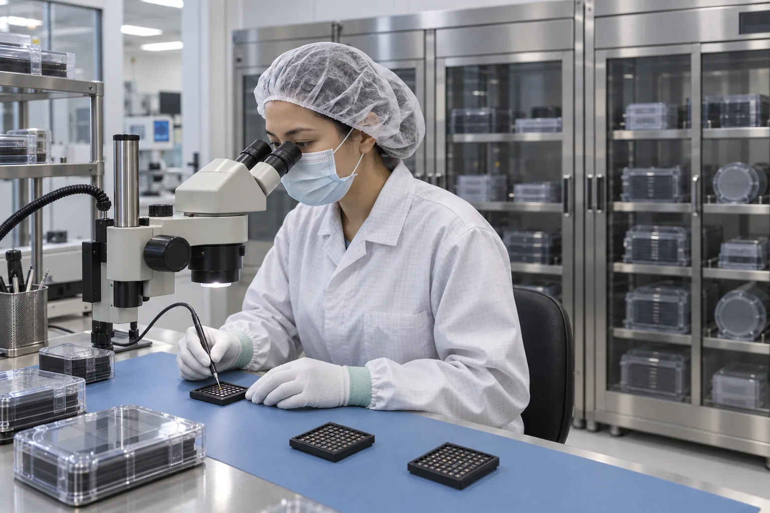 Illustrative semiconductor inspection scene with a technician, microscope, die trays and dry-storage cabinets