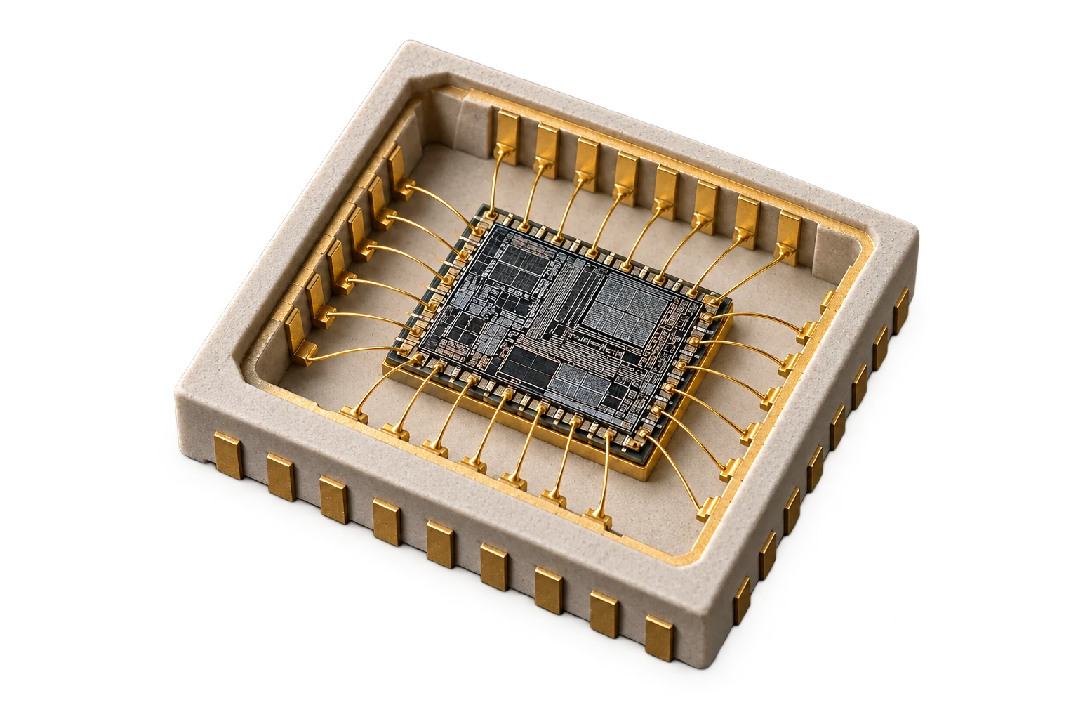 Open semiconductor package showing a silicon die and fine wire bonds