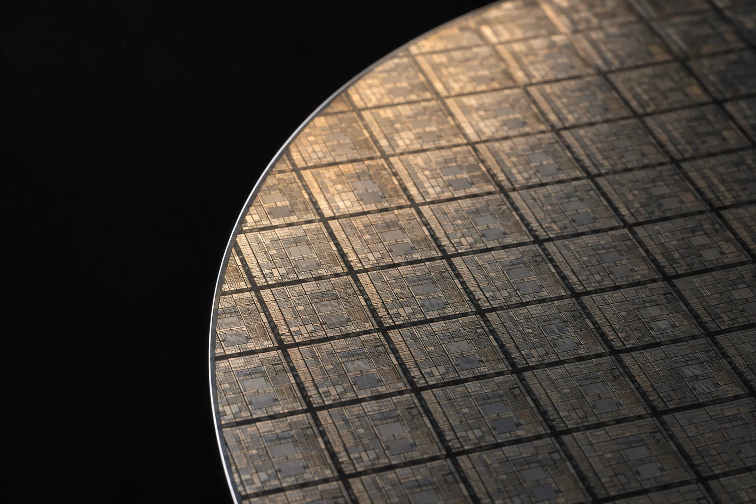 Patterned silicon wafer with fine die structures and warm metallic reflections